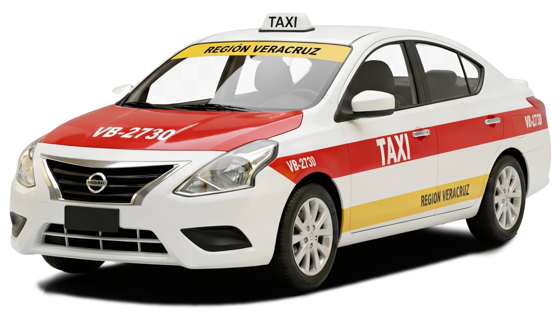 Taxi oficial de Veracruz 2026 con cromática roja, blanca y amarilla
